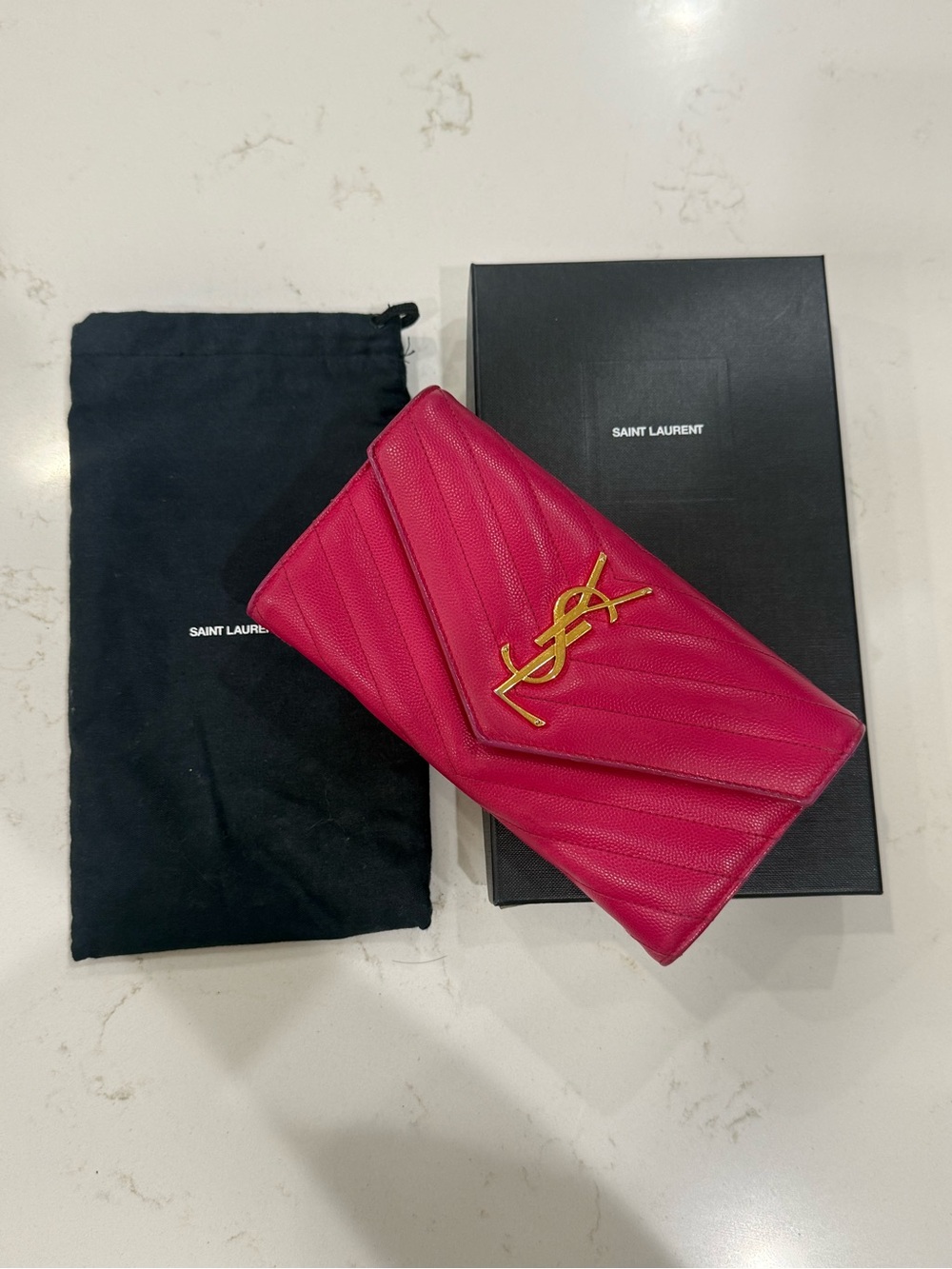 Saint Laurent Pink Quilted Leather YSL Envelope Wallet with Gold Logo